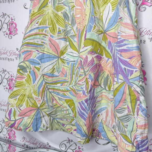 Dress 100% linen floral pastel tropical keyhole button seashell 🐚 pockets luxe - Picture 4 of 13